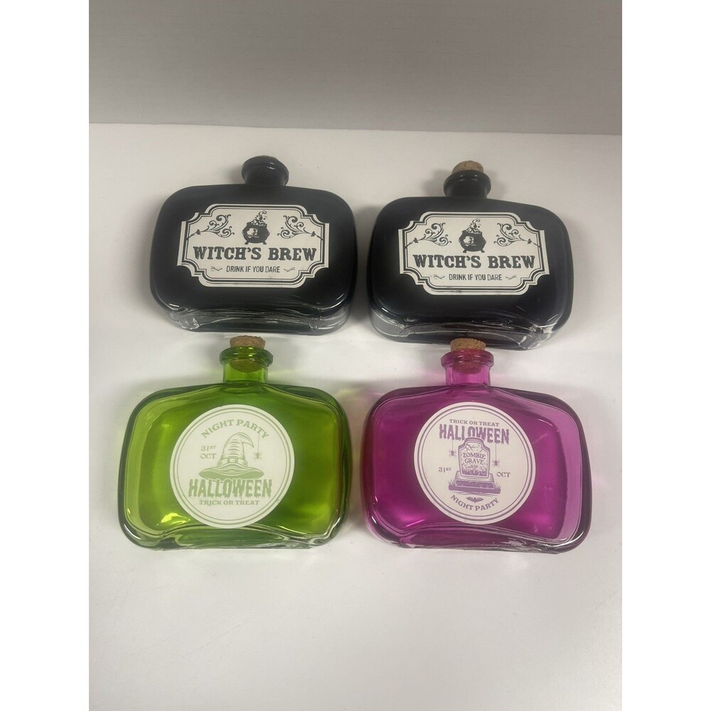 Rectangle Witches Brew, Night Party, Zombie Grave Glass Potion Bottles 4 Pack